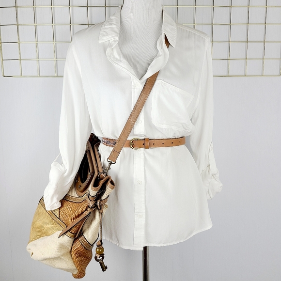 Fossil Patchwork Stitch Large Brown Clutch Crossbody Bag - Picture 12 of 13